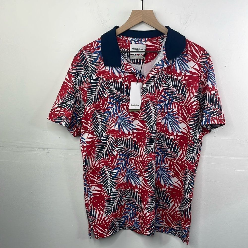 Goodfellow & Co Polo Shirt Mens Large Hawaiian Aloha Palm Floral Knit Collar L